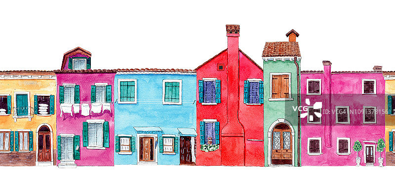 无缝边框与明亮的手绘水彩可爱的房子。图片素材