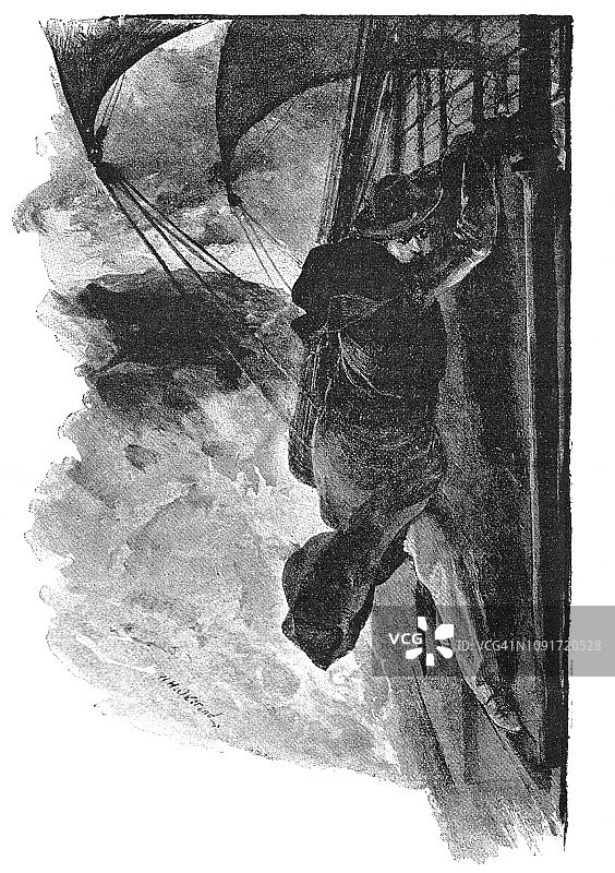 维多利亚时代的黑色和白色的故事插图，一个男人紧紧抓住一艘快速旅行的船的一边;19世纪的神秘和戏剧;1892年英语了图片素材