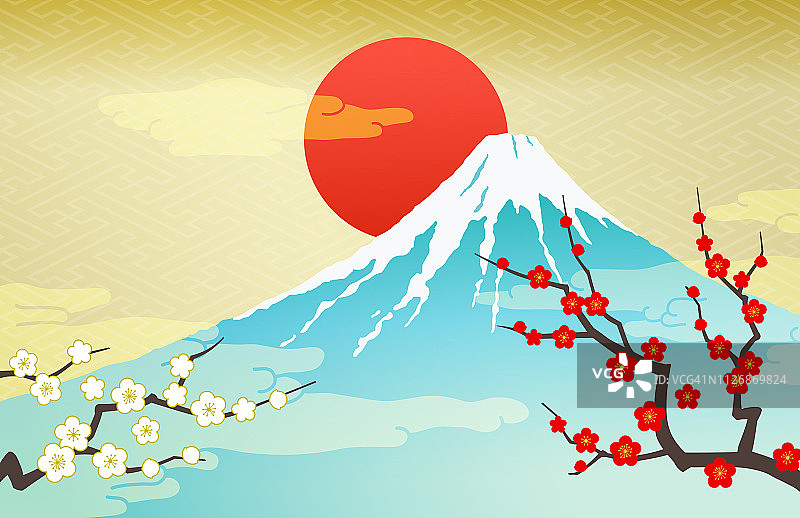 富士山和日出，红白梅子图片素材