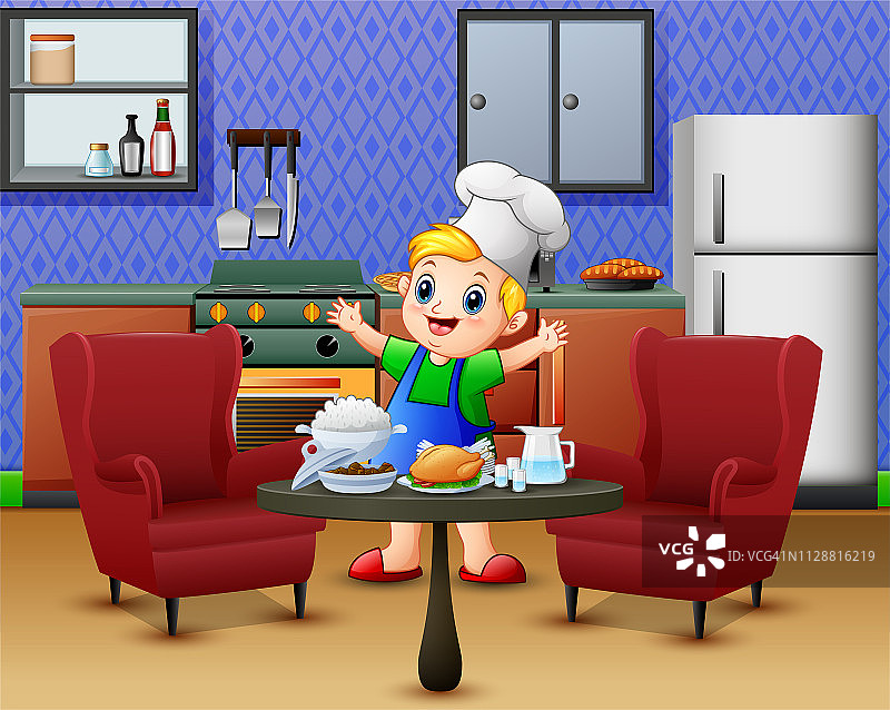 卡通可爱的小男孩穿着围裙和厨师帽在餐桌旁图片素材