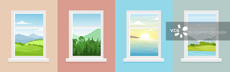 矢量插图设置的窗户与不同的风景。透过窗户，可以看到小镇、大海、森林和山脉的平面卡通风格。图片素材