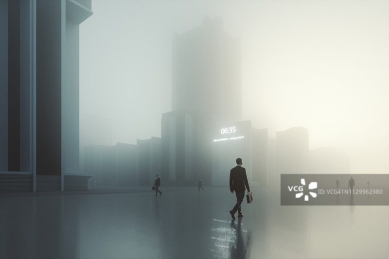 未来的反乌托邦城市，有步行的商人图片素材