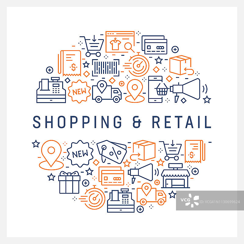 购物和零售概念-彩色线图标，安排在圆圈图片素材