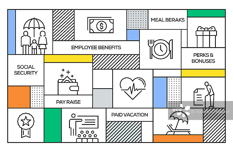 员工福利概念。几何复古风格的横幅和海报概念与员工福利线图标图片素材