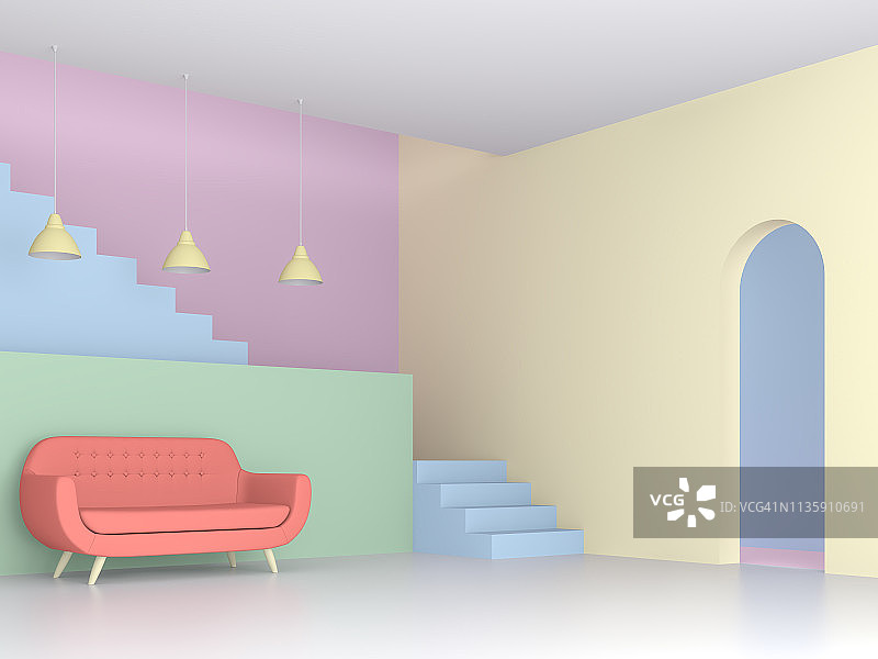 彩色的客厅与蜡笔概念3d渲染图片素材