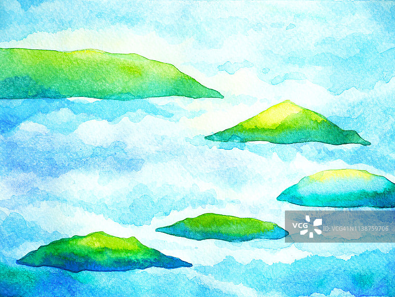 绿色的山脉之间，白色的蓝天和海浪水彩画插图设计手绘图片素材
