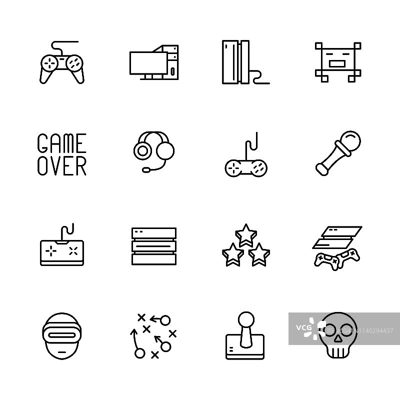 简单的图标设置电脑游戏。包含游戏操纵杆、控制台、服务器、游戏设备、策略、虚拟现实眼镜、遥控器等符号图片素材