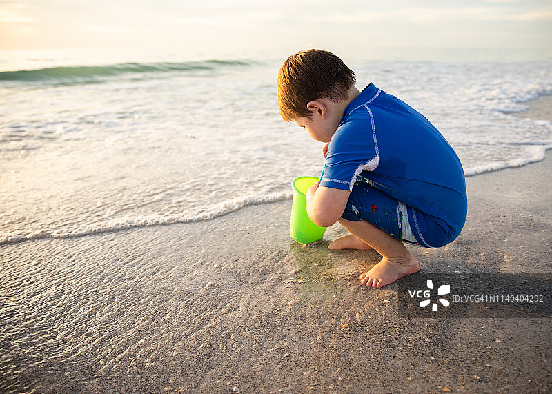 孩子跪着用桶在岸边寻找贝壳图片素材