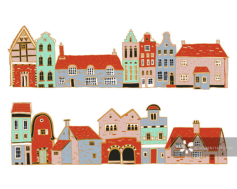 欧洲古老的石头房子。一套旧风格的城镇和村庄建筑立面排成一排。手绘轮廓矢量草图插图图片素材
