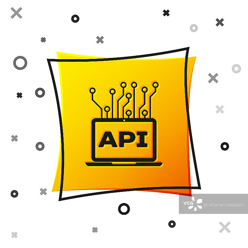 黑色的计算机api接口图标隔离在白色背景上。应用编程接口API技术。软件集成。黄色正方形按钮。矢量图图片素材