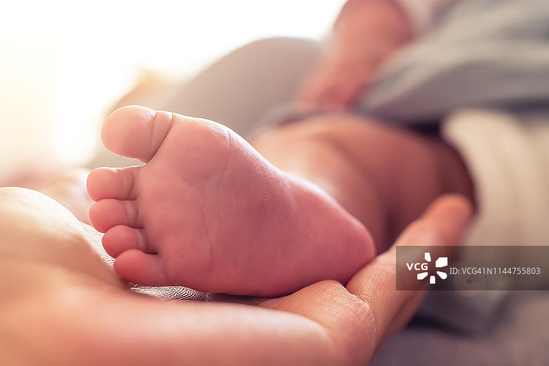 特写婴儿的脚在母亲的手中图片素材