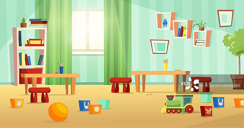 幼儿园房间现代矢量插图家具，阳光从窗户和玩具的孩子。孩子们的托儿所。图片素材