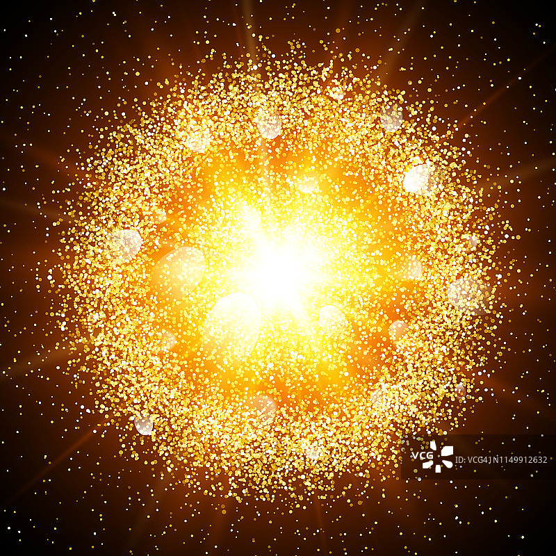 抽象的黄金爆炸与黄金闪耀的元素。炽热的恒星爆发。粉尘烟花灯光效果。闪光扑粉背景。矢量插图。图片素材