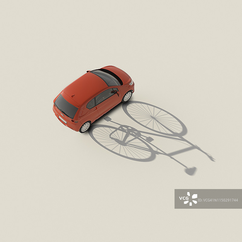 3D渲染，红色汽车投射自行车的影子图片素材