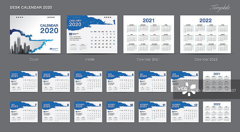设置桌面日历2020模板设计矢量，日历2020年，2021年，2022年，封面设计，12个月，周开始周日，文具设计，传单，印刷布局，出版物，广告图片素材