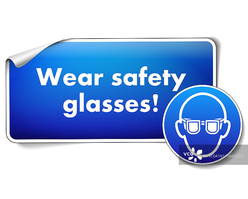 佩戴安全眼镜标志贴纸，强制性标志隔离在白色背景上图片素材