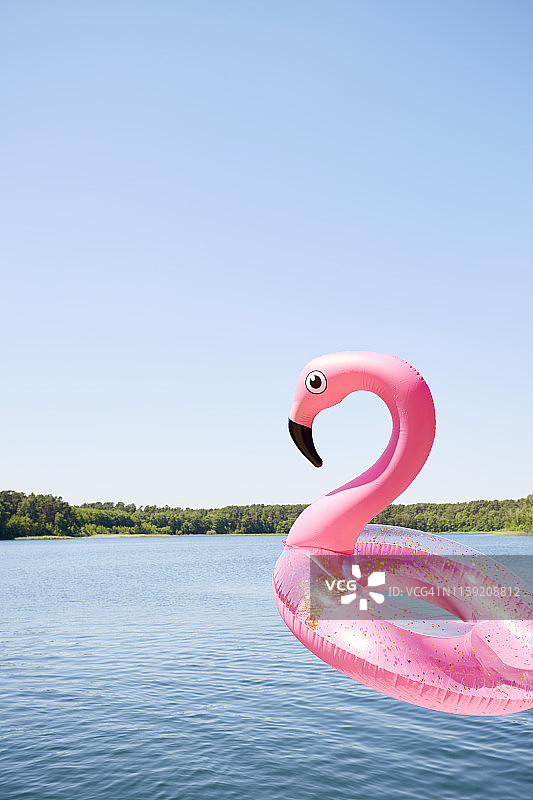 粉红色的充气火烈鸟在田园诗般的湖对着蓝天图片素材