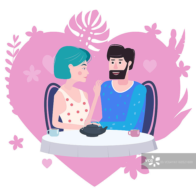 一对恩爱的情侣在咖啡厅喝茶。一个男人和一个女人在约会时坐在一张桌子旁。爱的友谊与交流，爱的心的植物背景概念。矢量插图孤立的平面风格卡通图片素材