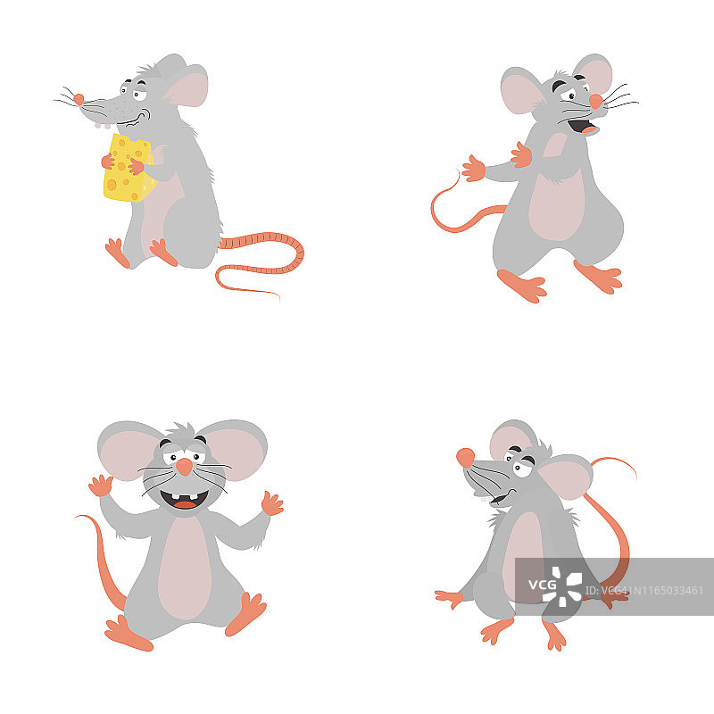 可爱的灰色鼠标图标集。有趣的啮齿动物在不同的情况下。图片素材