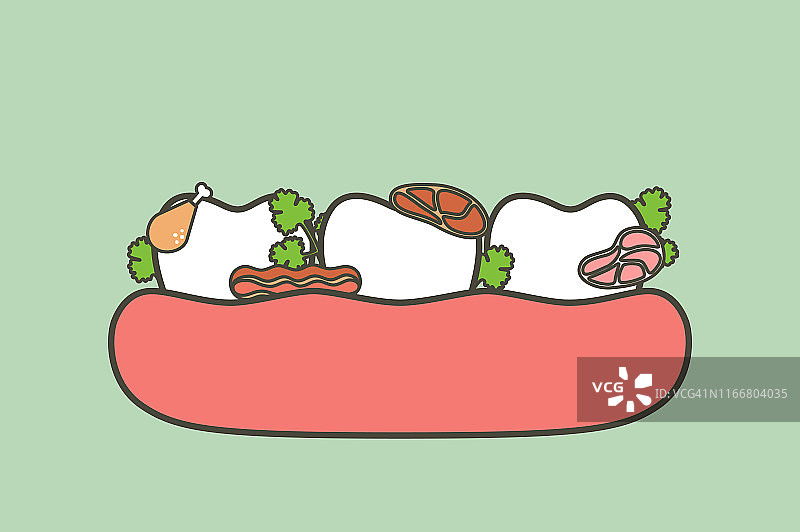 肉和蔬菜卡在牙齿上，导致蛀牙和口臭图片素材