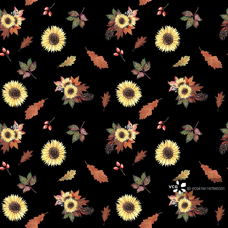手绘水彩无缝图案与向日葵，秋天的叶子和浆果在黑色的背景图片素材