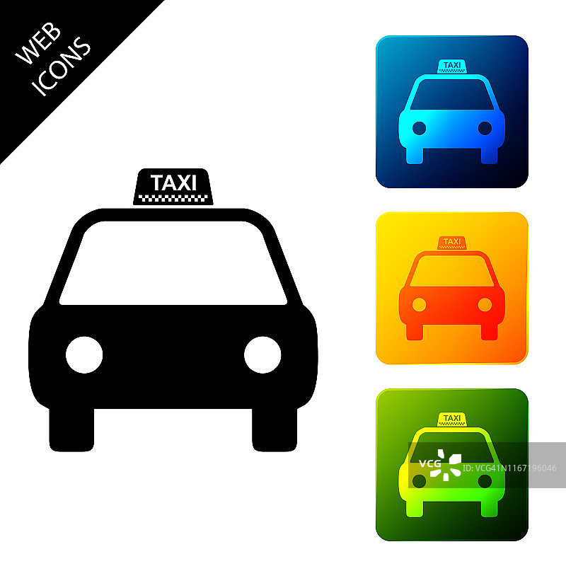 出租车图标孤立。设置图标彩色的方形按钮。矢量图图片素材