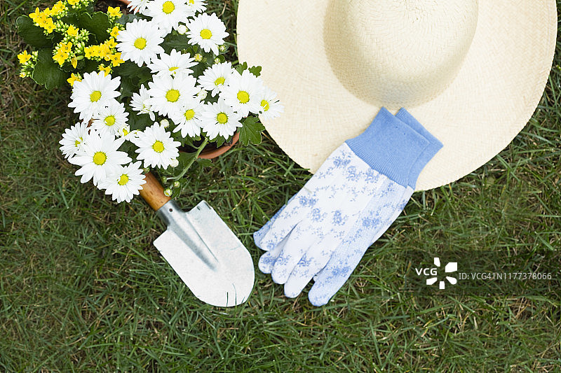 盆花和园艺手套和帽子放在草地上图片素材
