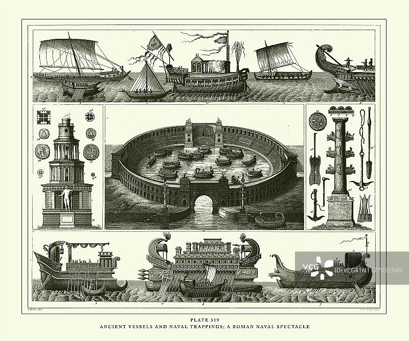 雕刻古董、古代船只及海军装饰品;罗马海军奇观雕刻古董插图，出版于1851年图片素材