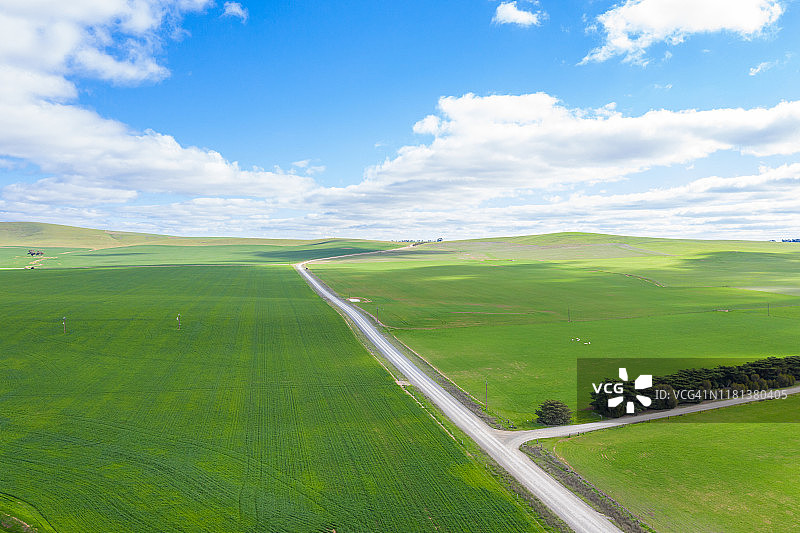 鸟瞰图，郁郁葱葱的农场与乡村道路与蓝天白云图片素材