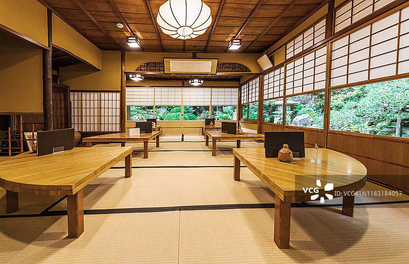 传统的日本餐厅内部与餐桌和花园景观在日本京都图片素材