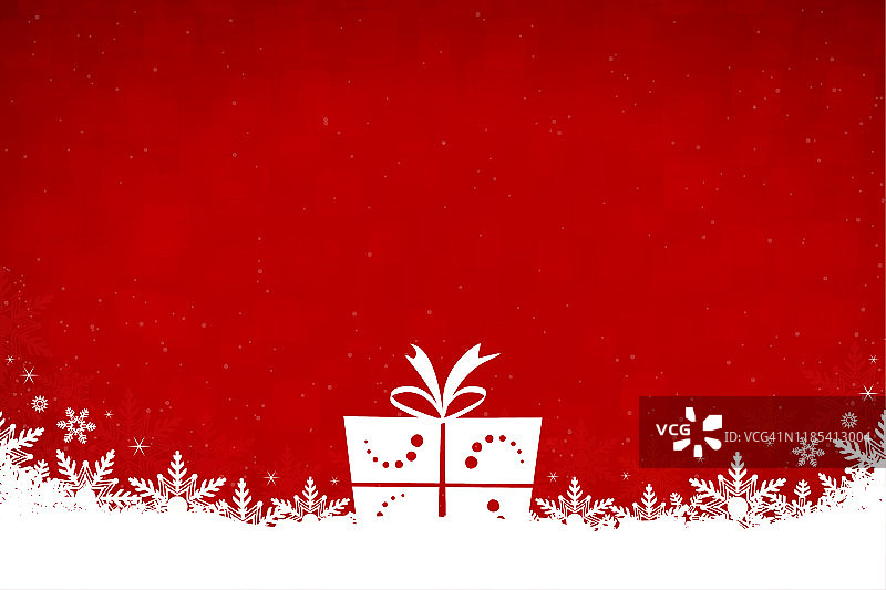 水平矢量插图的创意暗红色圣诞背景与雪花在底部和一个白色的白色礼盒与一个系蝴蝶结在中心图片素材