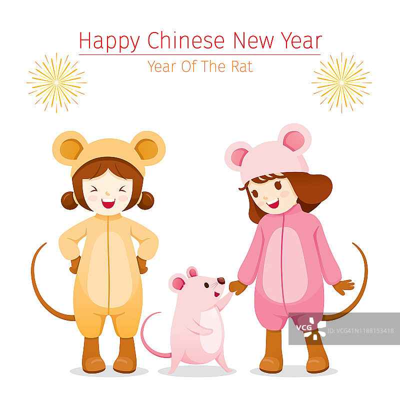 穿着鼠装的女孩与鼠，快乐，中国新年2020，鼠年图片素材