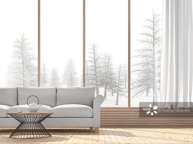 冬季客厅与雪景背景3d渲染图片素材