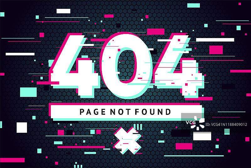 404网页带有错误信息。Glitch风格矢量背景。未来的矢量插图。带有小故障文本的横幅。图片素材