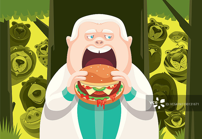 老胖子在丛林里吃汉堡图片素材