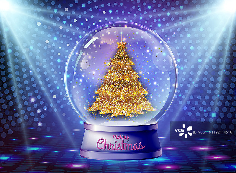真实的矢量插图的雪花与金色的圣诞树里面。模糊的节日圣诞闪耀的背景图片素材