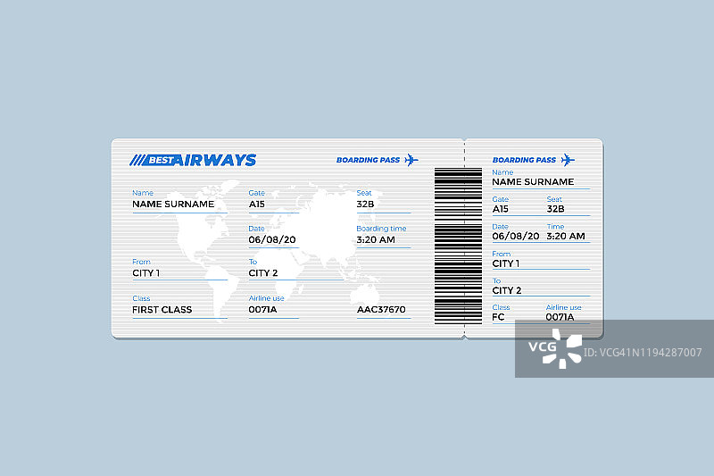 现实的机票登机牌设计模板乘客的名字和条码。航空旅行的飞机文件矢量插图图片素材