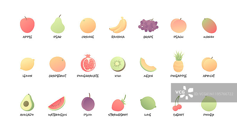 向量颜色蔬菜水果集。现代风格的平面插图与文字下的每一个图片孤立的白色背景。设计元素为网页，素食，夏季，菜单，维生素。图片素材