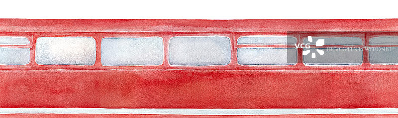 无缝重复的亮红色火车或公共汽车甲板的边界。手绘水彩素描在白色，剪纸剪辑艺术细节的创意设计，票装饰，条形地图，时间表。图片素材