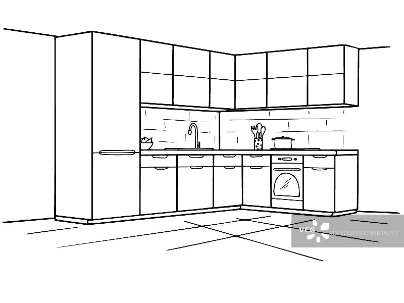 手绘厨房家具。矢量插图在素描风格图片素材