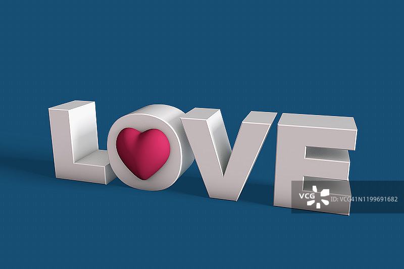 3D文字爱与心脏形状。浪漫的情人节。经典的蓝色背景图片素材