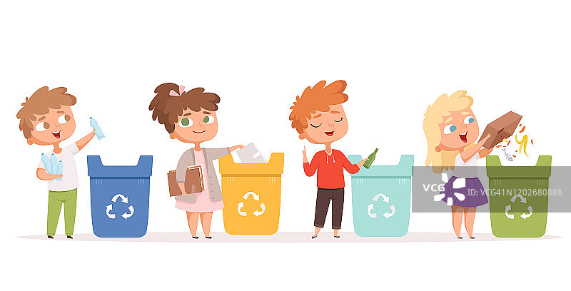 孩子们回收垃圾。拯救自然生态安全环保健康循环利用矢量卡通人物图片素材