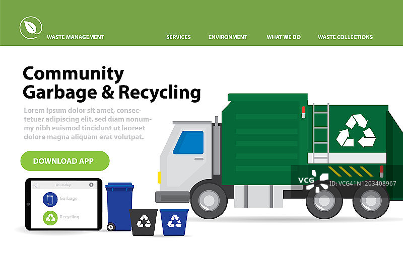 社区垃圾回收应用设计模板布局与垃圾车图片素材