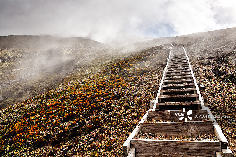 楼梯通向雾沿塔拉纳基山的顶峰轨道，新西兰北岛，夏天的下午图片素材