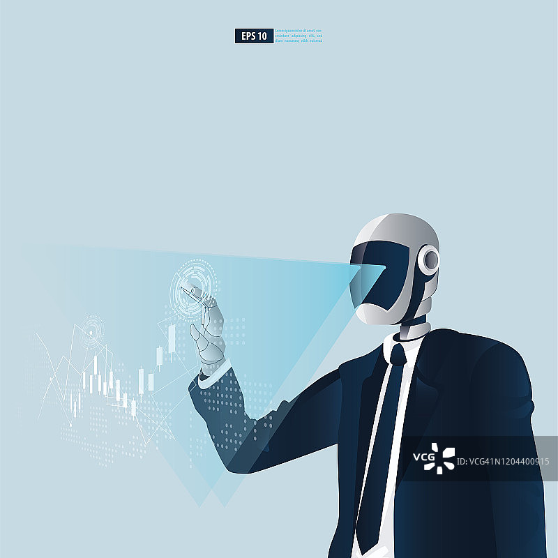具有人工智能技术概念的未来类人商务人士。机器人触摸股票交易监视器矢量插图画家图片素材