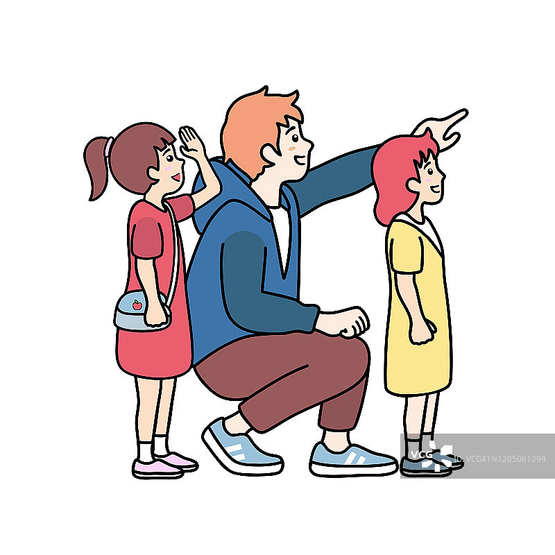 卡通人物的父亲和女儿在一个快乐的时刻。概念为父亲节或孩子与父母和家庭。矢量插图孤立在白色背景。图片素材