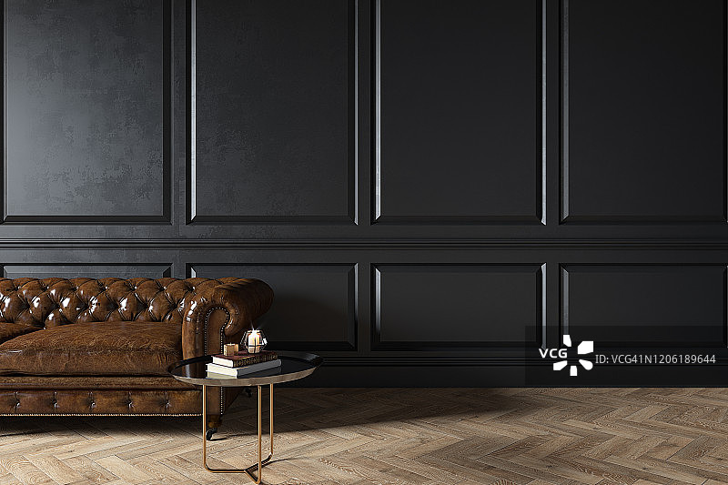 现代古典黑色内饰与capitone切斯特皮革棕色沙发，咖啡桌，木地板，造型。3d渲染室内模拟。图片素材