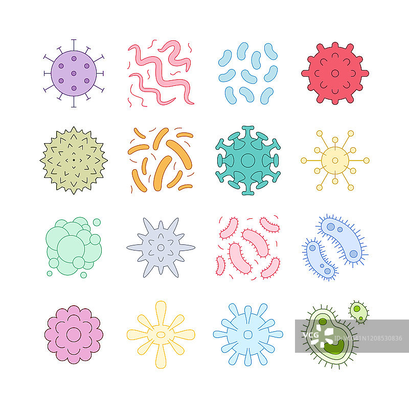 病毒，细菌，细菌和微生物，矢量图标图片素材