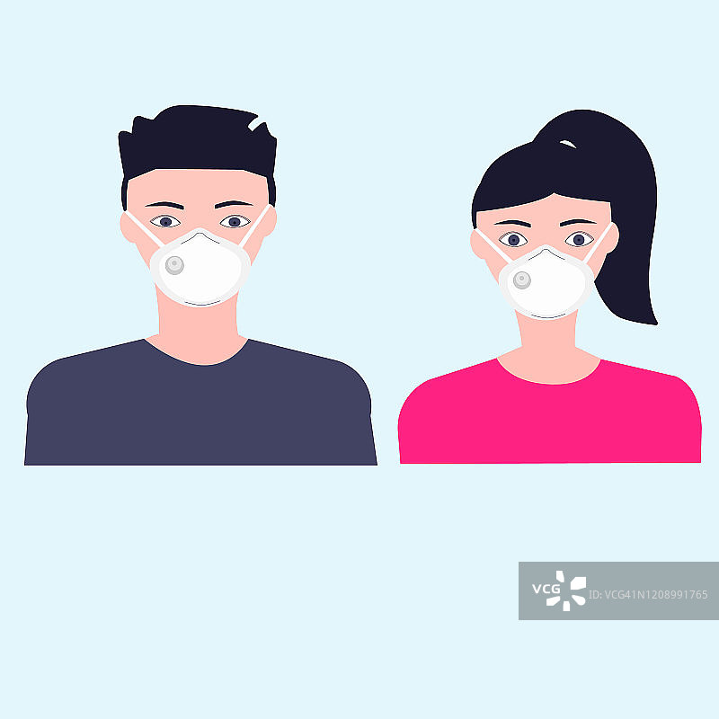 戴着pm2.5防呼吸防尘口罩的男女，以保护引起过敏反应的东西，包括花粉、灰尘颗粒和动物、细菌。面罩保护N95。平的风格图片素材