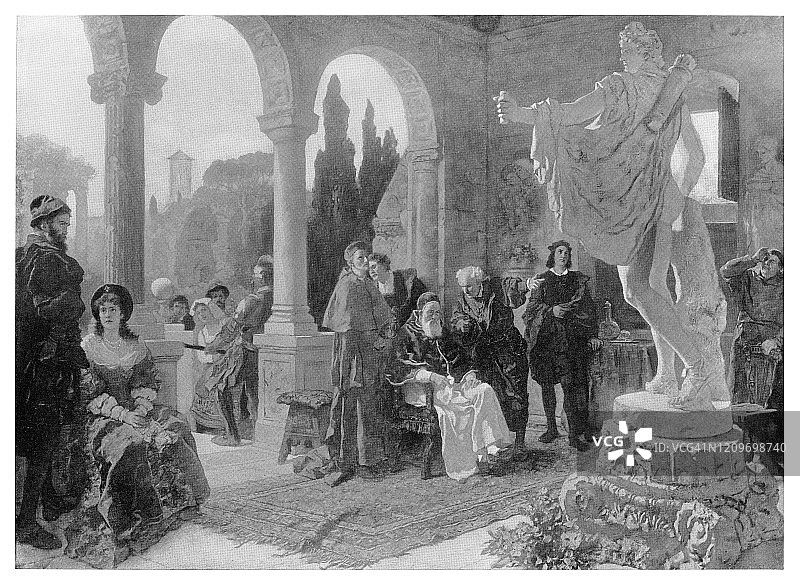 教皇尤利乌斯二世和米开朗琪罗欣赏阿波罗的雕像图片素材